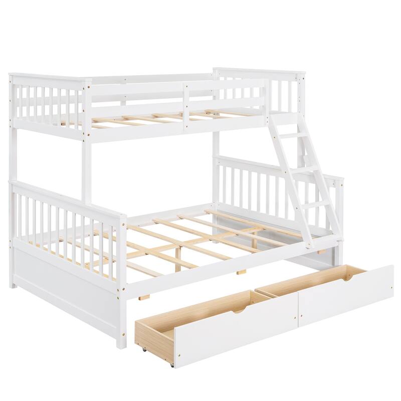 Twin-Over-Full Bunk Bed with Ladders and Storage Drawers in White