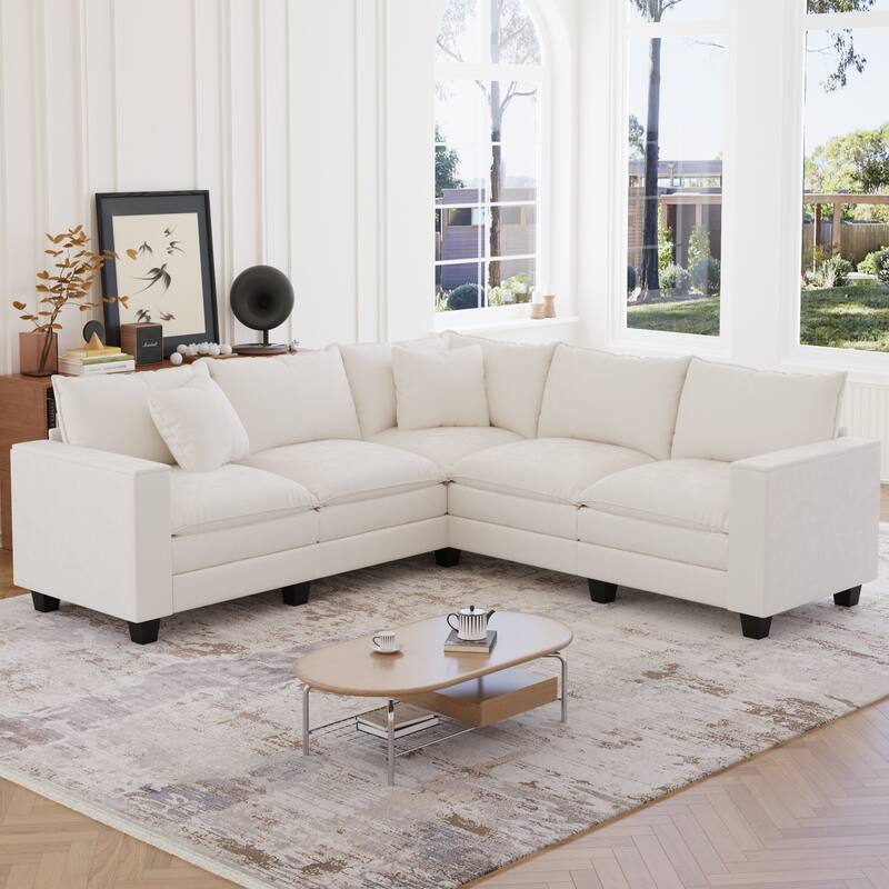 GDFStudio - Chenille L-Shaped 97" 5-Seater Sectional Sofa with Armrest Storage - Beige