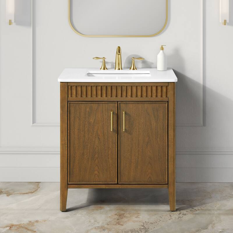 Juliette Warm Walnut Bathroom Vanity with White Quartz Top