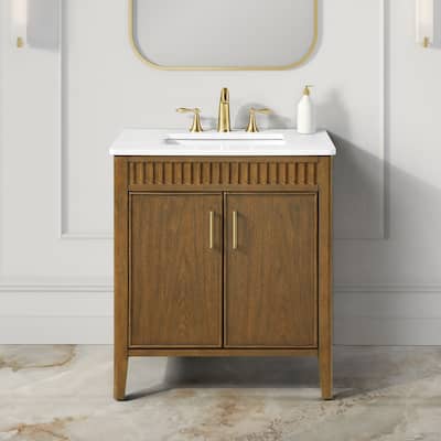 OVE Juliette Warm Walnut Bathroom Vanity with White Quartz Top