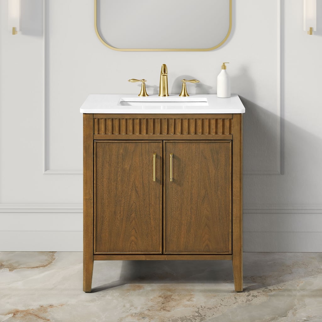 OVE Juliette Warm Walnut Bathroom Vanity with White Quartz Top