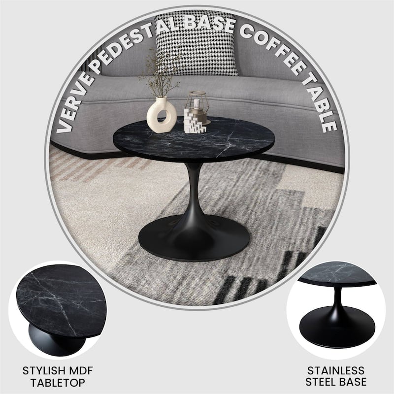 LeisureMod Verve 27" Round Coffee Table with MDF Wood TableTop and Black Steel Base for Living & Bedroom