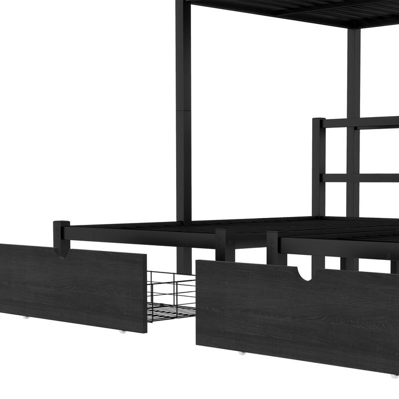 Roomfitters Full XL over Twin & Twin Triple Bunk Bed with Drawers, Metal Frame with USB and Shelves, Black