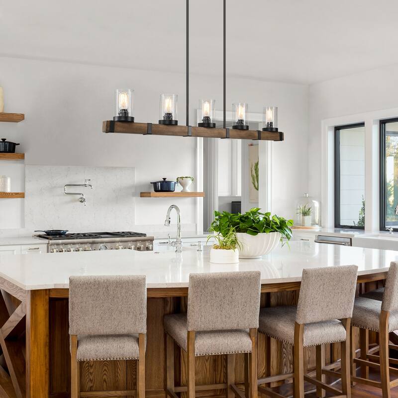 The Gray Barn Farmhouse 5-Light Wood Linear Chandelier Glass Island Lights - L42.9"xW4.7"xH7.5"