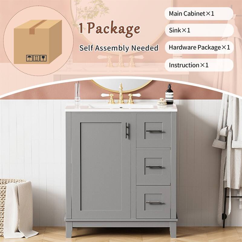 30'' Bathroom Vanity with Ceramic Sink, Freestanding Bathroom Vanity Cabinet with 3 Drawers, 1 Soft Close Door and Storage Rack