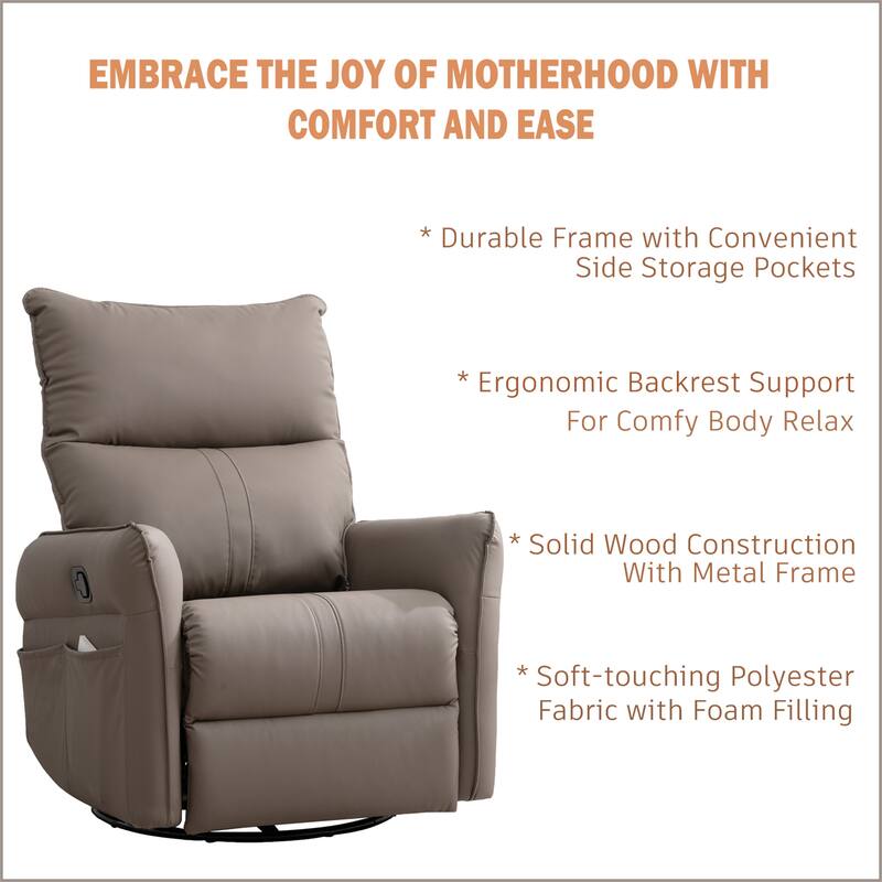 PU Rocking Recliner Chair, 360 Swivel Nursery Rocking Chair, Rocking Swivel Recliner Chair for Bedroom, Side Pocket