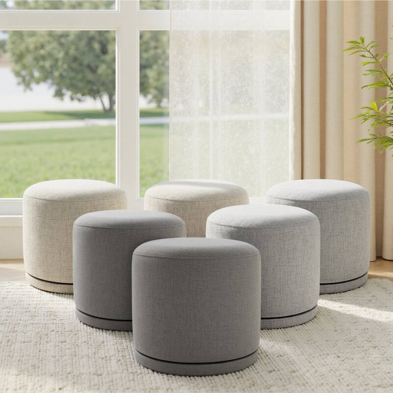 Fully Assembled Linen Round Swivel Ottoman Footstool with Acacia Hardwood Frame