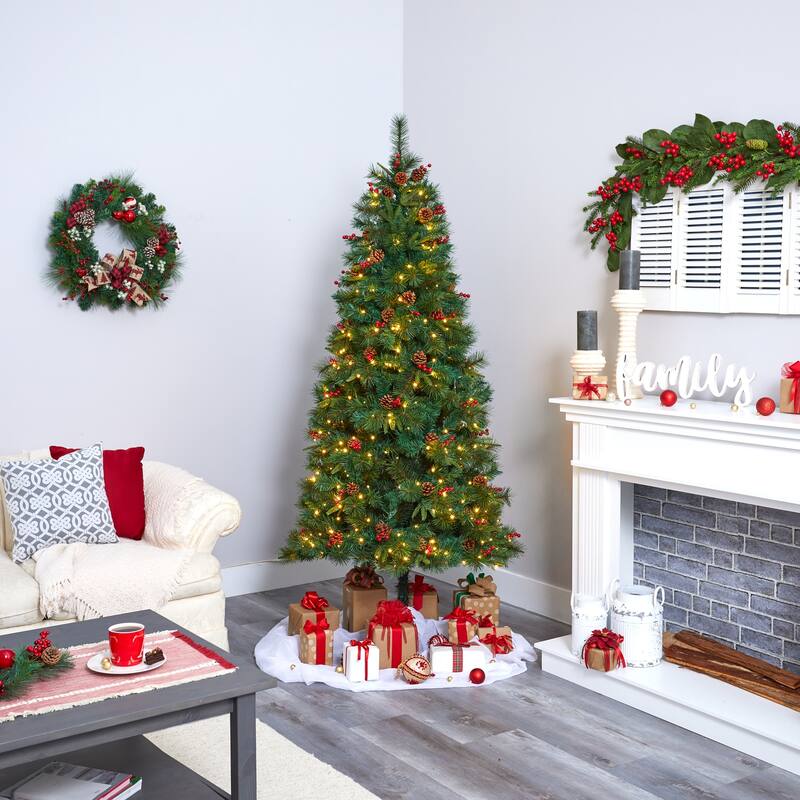 7ft. Mixed Pine Artificial Christmas Tree with 350 Clear LED Lights, Pine Cones & Berries - Festive Holiday X-Mas Tree