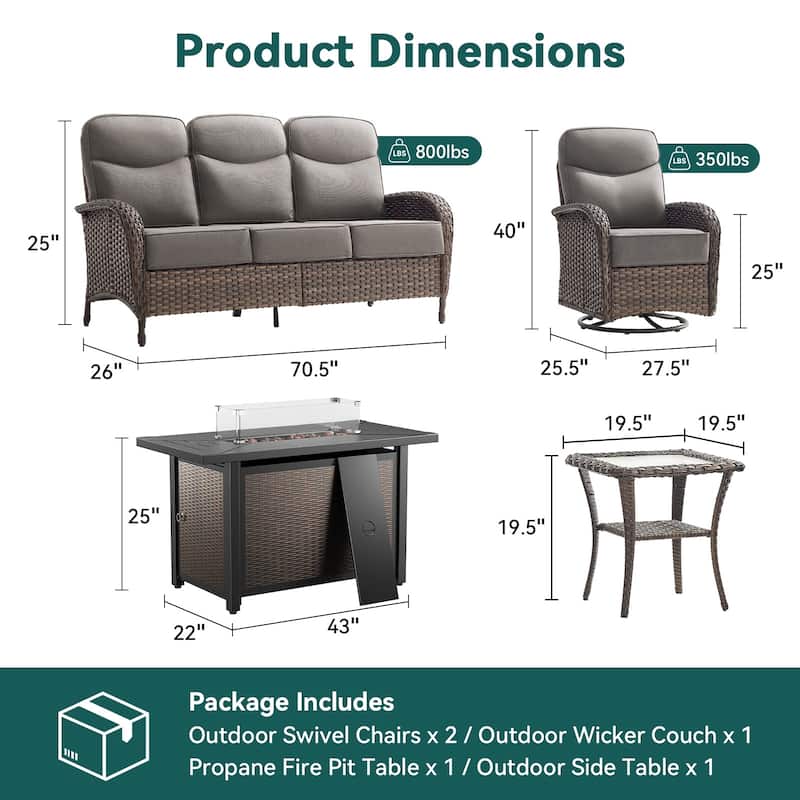 Pocassy Outdoor Sofa Swivel Chair and Ottman with 43in Fire Pit Table