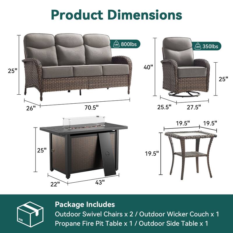 Pocassy Outdoor Sofa Swivel Chair and Ottman with Fire Pit Table