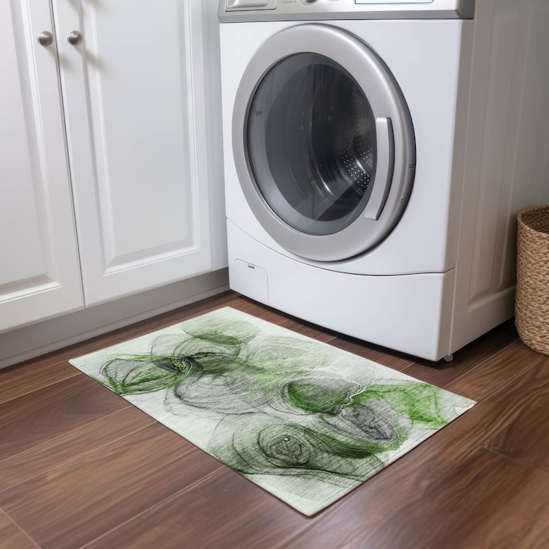 Machine Washable Indoor/ Outdoor Abstract Circles Chantille Rug - Olive - 1'8" x 2'6"