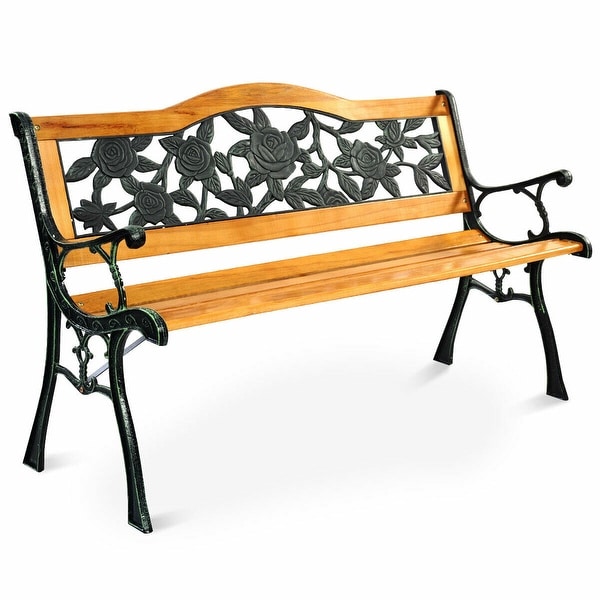 Costway patio park garden bench porch path chair furniture cast outlet iron hardwood