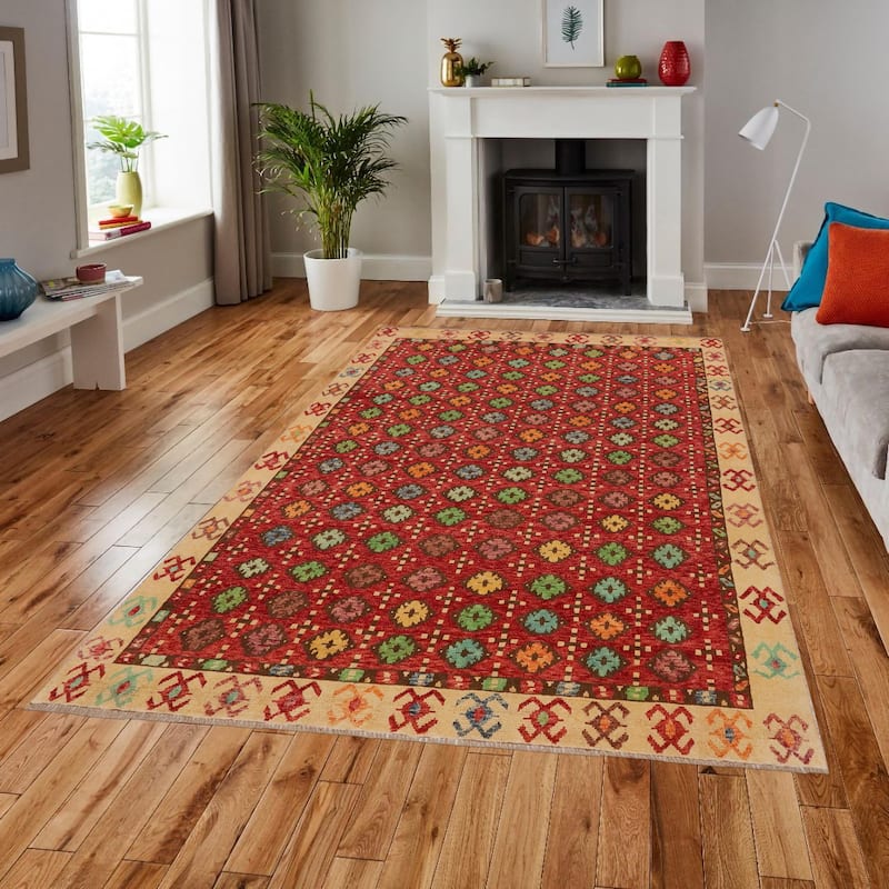 Modern Balochi Whitehead Red/Beige Hand Knotted Wool Rug - 6'9'' x 9'8''