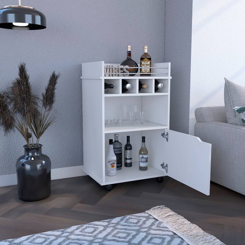 35" H Bar Cart with Two Shelves four Wine Cubbies and One Cabinet,White