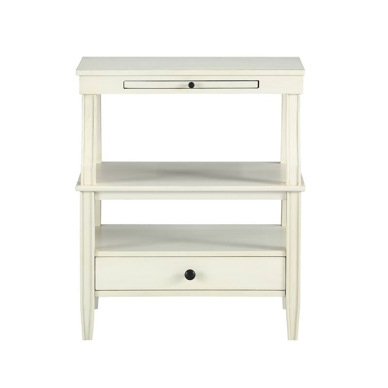 Antique White Storage Nightstand with Black Hardware and Pull-Out Tray