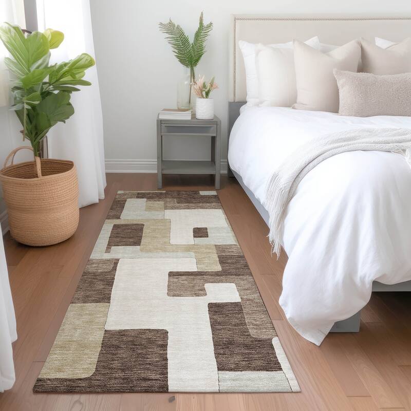 Machine Washable Indoor/ Outdoor Contempoary Blocks Chantille Rug