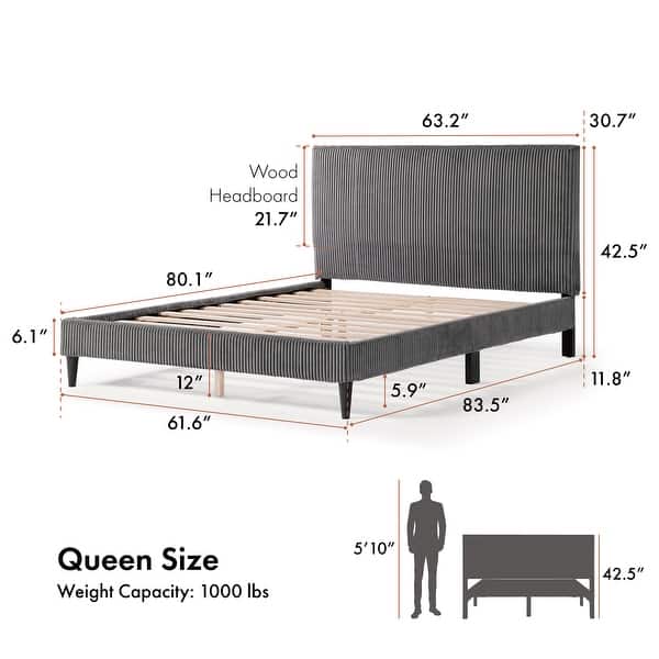 Furniture of America Modern Corduroy Queen Size Platform Bed, No Box Spring Needed