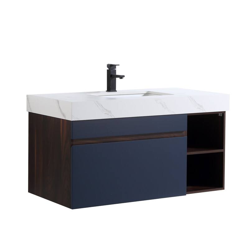 42 inch Wall Mounted Bathroom Vanity with Faux Marble Top and Basin - 42"22" - Navy Blue