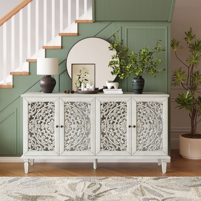 60" Antique Buffet Sideboard with Floral Carvings Solid Wood Legs and Adjustable Shelves for Versatile Storage
