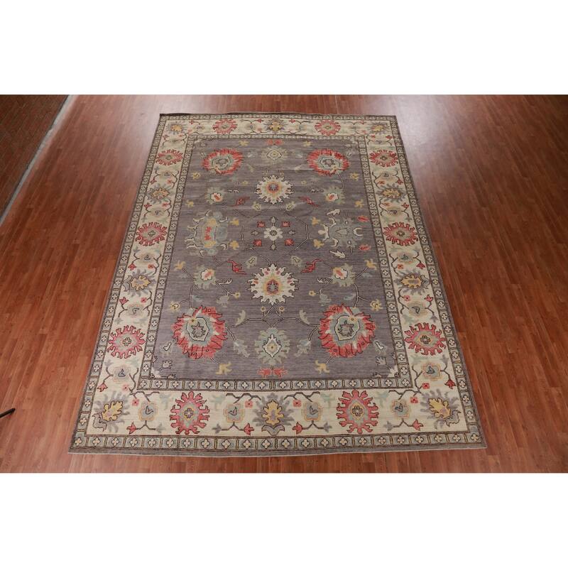 Hand Knotted Oriental 100% Wool Carpet Transitional All-Over Greys & Charcoal Oushak Area Rug - 13' 9'' X 10' 1''
