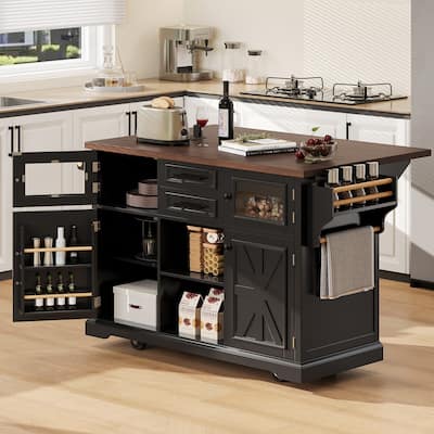 54.9" Kitchen Island with Drop Leaf, Power Outlet, Kitchen Storage Cart with 4 Door Shelves,Cross Barn Doors & Visual Glass Door