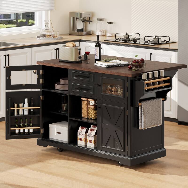 Farmhouse 54.9" Kitchen Island with Drop Leaf and Power Outlet, Stylish Storage Cart with Barn Doors