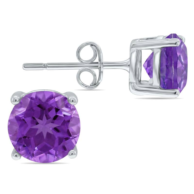 Marquee 6MM Round All-Natural Genuine Amethyst Earrings in .925 Sterling Silver - Purple - 1 - Purple - Amethyst - White