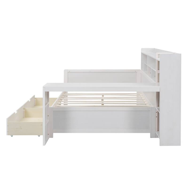 Wooden Daybed with Storage Shelves, Multi-functional Bed with Two Storage Drawers and Study Desk