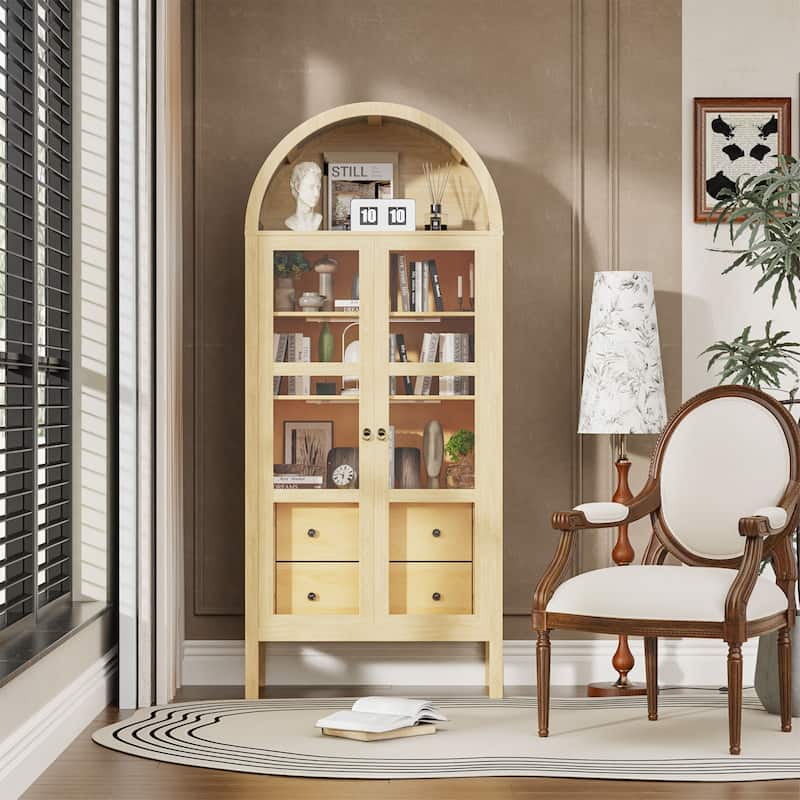 Modern Arched Cabinet with Glass Doors,72" Tall Arch Storage Cabinet with Height Adjustable Shelf and 2 Drawers Bookshelf