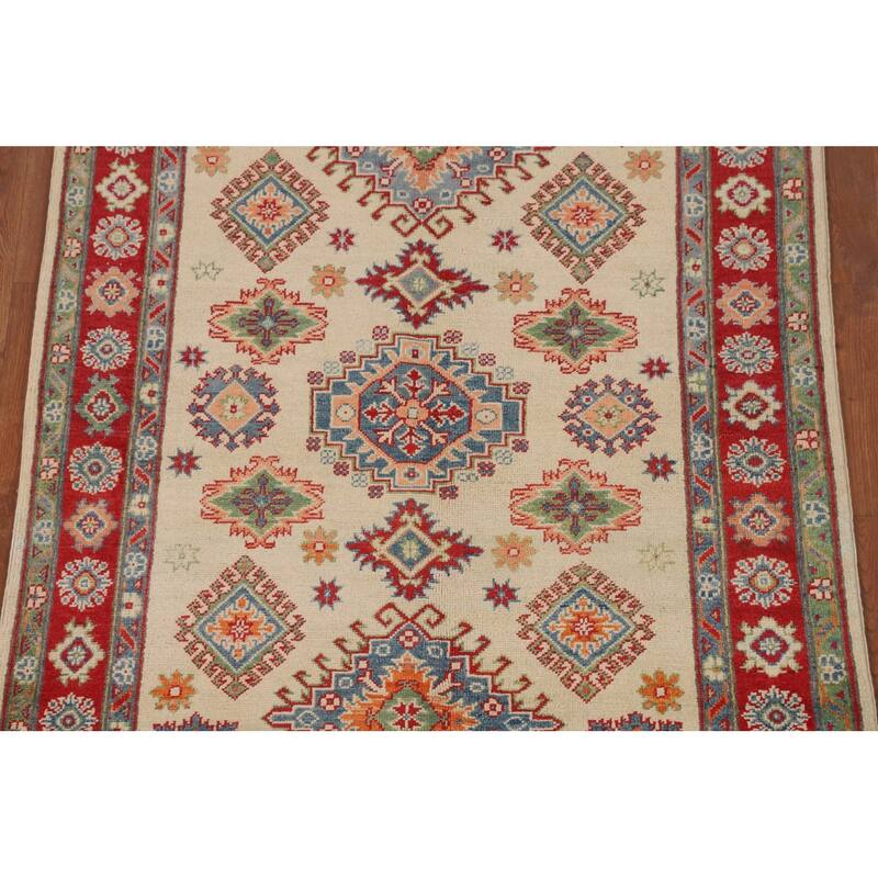 Red Geometric Kazak Area Rug Handmade Oriental Wool Carpet - 4'0" x 6'0"