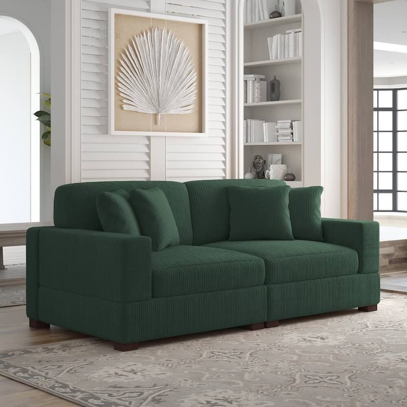 Corduroy Couch Modular Sectional Sofa with Pillows - 2 Piece - Hunter Green
