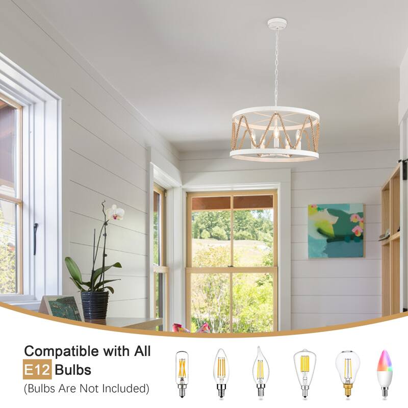 5-Light Hemp Rope Candlestick Hanging Linear Chandelier Lighting with Cloth Cover for Kitchen Island
