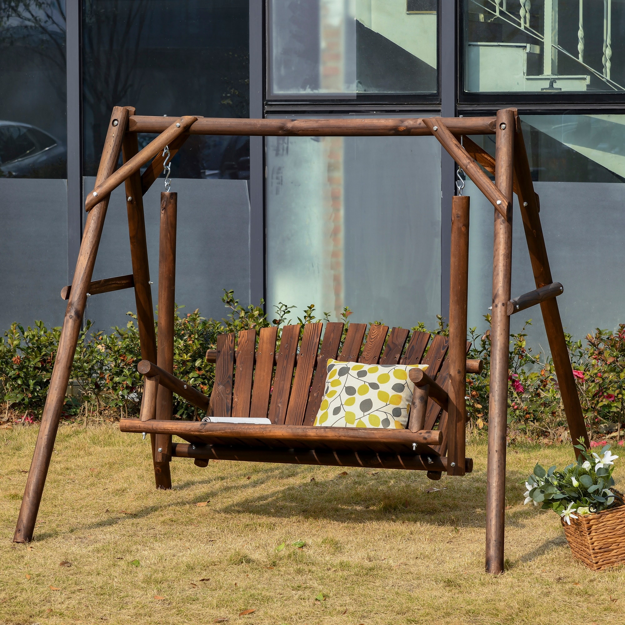 Outsunny 6.5' Outdoor Rustic Loveseat 2 Person Freestanding Solid Wood Natural Log Garden Swing