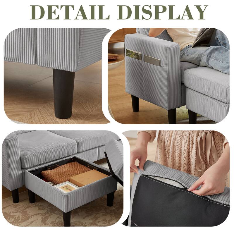 3 Pieces Corduroy Living Room Set with Sofa ,Storage Ottoman and Chair