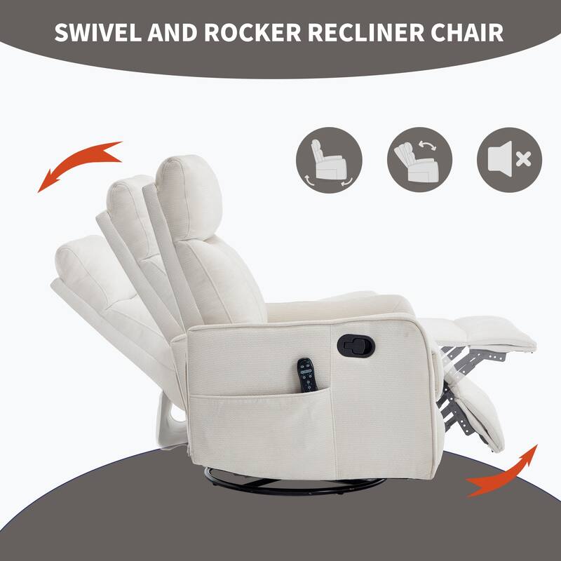Roomfitters Swivel Rocker Recliner Chair, Manual Massage Armchair with Heat and Vibration, Fabric or Leather