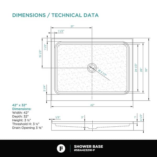 dimension image slide 6 of 9, Fine Fixtures Single Threshold Acrylic Shower Base - Non-Slip Textured Surface Shower Floor Pan