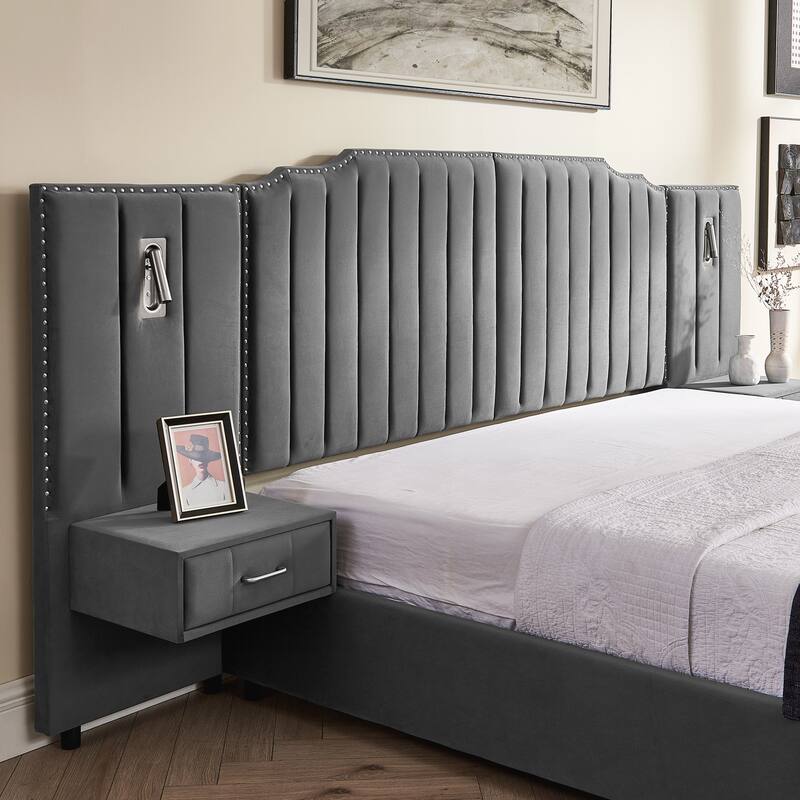 King Size Upholstered Bed Frame with Velvet Fabric