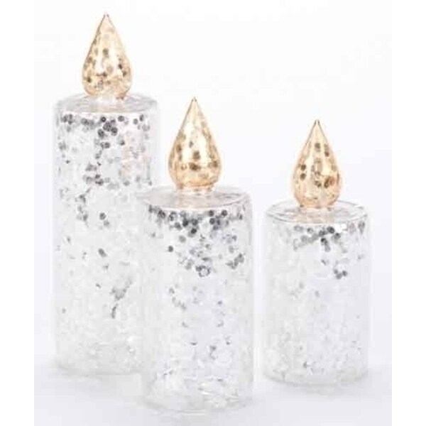 Set of 3 Silver Glitter Sequined Glass Christmas Pillar Candles