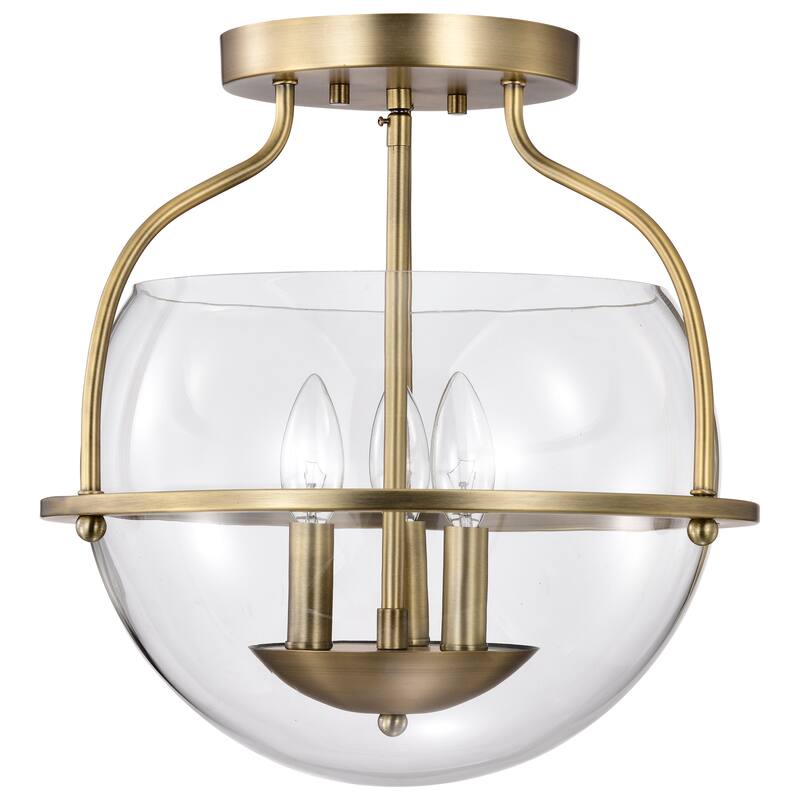 Amado 3 Light Semi Flush Mount - Vintage Brass Finish - Clear Glass - Vintage Brass