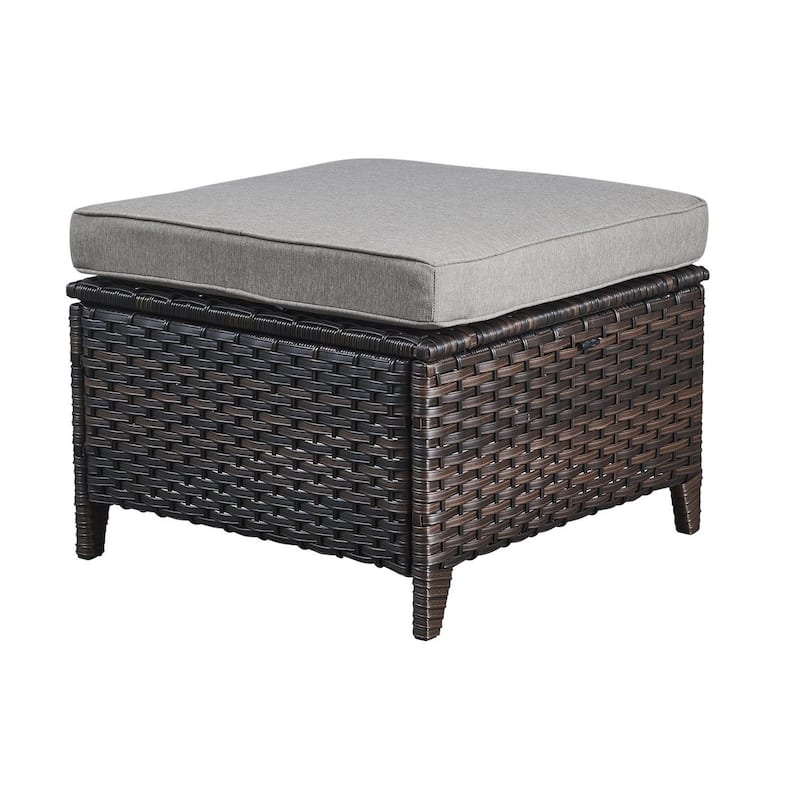 Gymojoy Outdoor Rattan Wicker Ottomans with Grey Cushion (Set of 2)