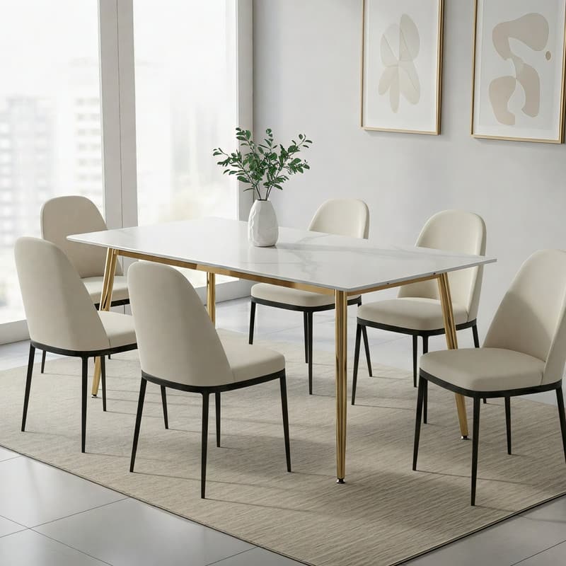 Zayle Modern Mid-Century Glass or Sintered Stone Rectangular Tabletop Dining Table with Powder-Coated Gold Steel Base