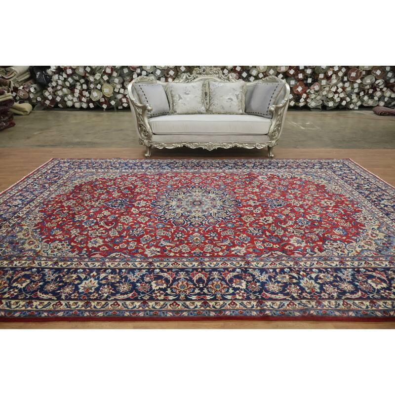 Hand Knotted Oriental 100% Wool Carpet Traditional Floral Red Kashan Area Rug - 13' 0'' X 9' 7''