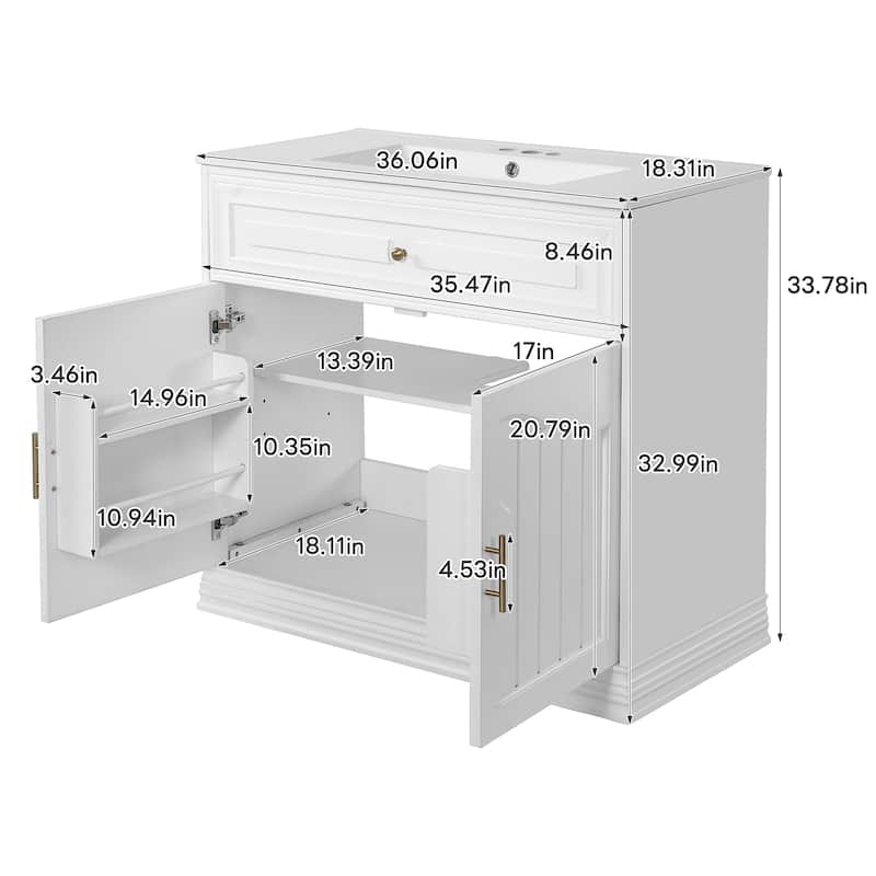 36" Elegant Bathroom Vanity‌ – Ceramic Sink, Solid Wood Frame & Soft-Closing Doors for Luxurious Storage.