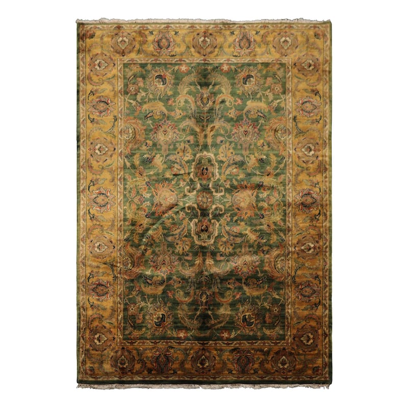 6'3''x9'3'' Hand Knotted Wool Green Plush Pile Traditional Botanical Agra Gold Wash Silky Sheen Rug - 6' 3'' x 9' 3'' - 6' 3'' x 9' 3''