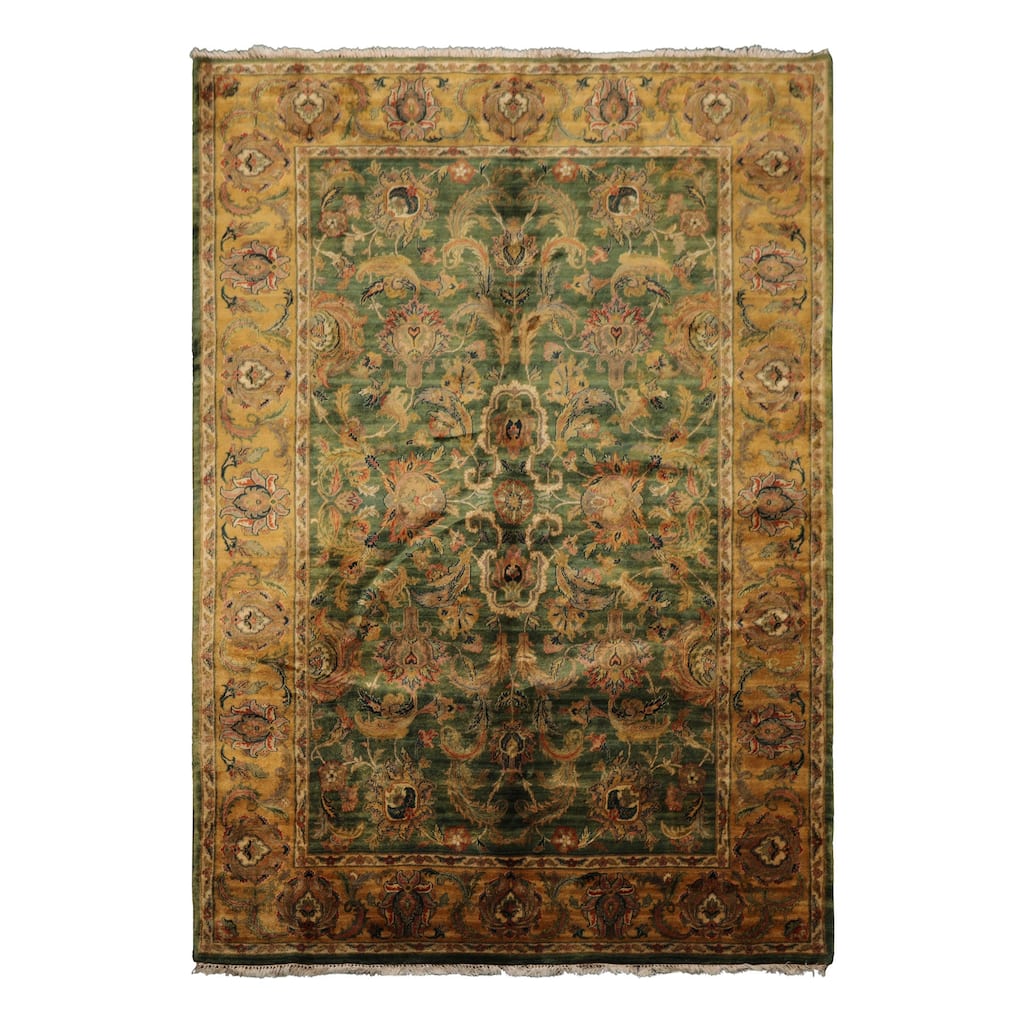 6'3''x9'3'' Hand Knotted Wool Green Plush Pile Traditional Botanical Agra Gold Wash Silky Sheen Rug - 6' 3'' x 9' 3''