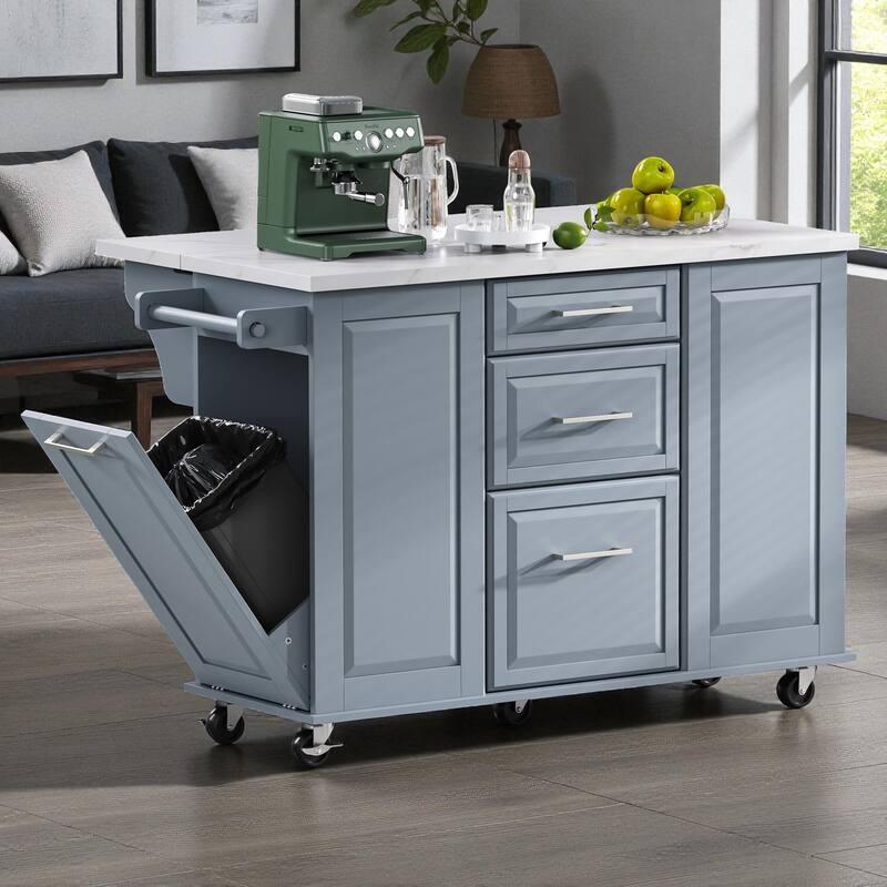 50.7" Rolling Kitchen Island with Tilt Trash Cabinet, Drop Leaf, Pull-Out Organizer, 2 Drawers and 1 Door