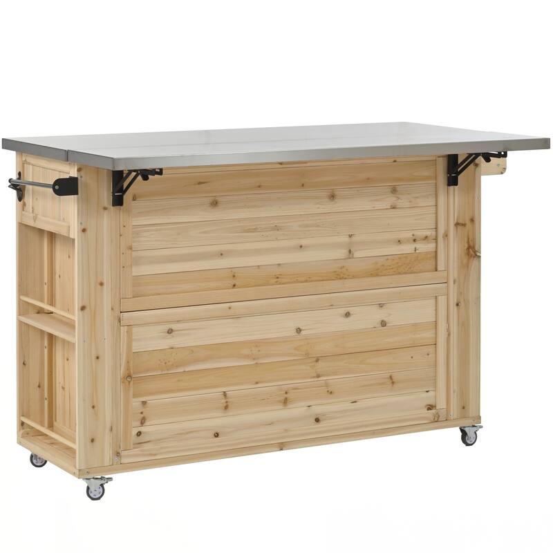 Outdoor Kitchen Island Fir Wood Kitchen Island with Stainless Steel Top, Ample Storage Space, Towel and Spice Racks