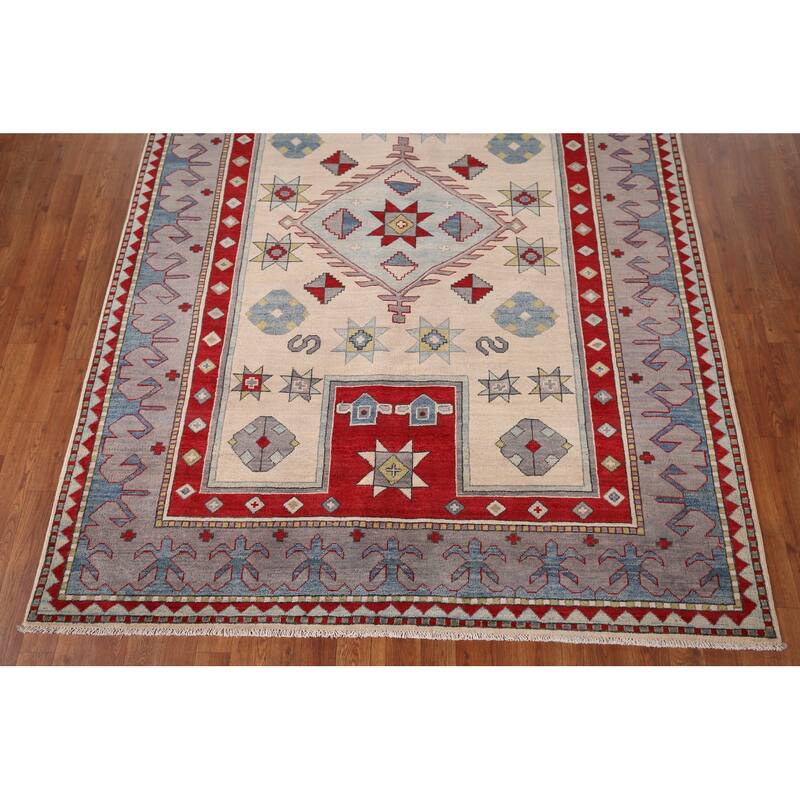 Geometric Kazak Rug Hand-Knotted Dining Room Wool Carpet - 6'0" x 8'2"