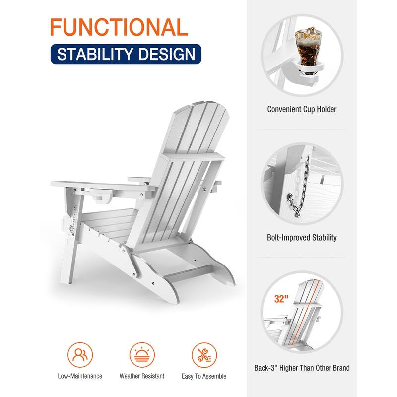 WINSOON All Weather HDPE Outdoor Folding Adirondack Chair With Cup Holder