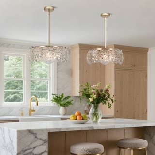 Modern Gold 5-Light Drum Chandelier Art Glass Pendant Lights for Dining Room - 18" D x 8" H